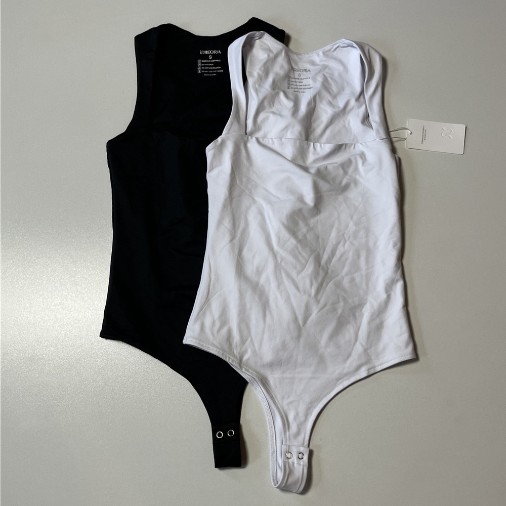 Reoria Set of 2 Square Neck Sleeveless Bodysuit Sz S Double Lined Soft Shapewear